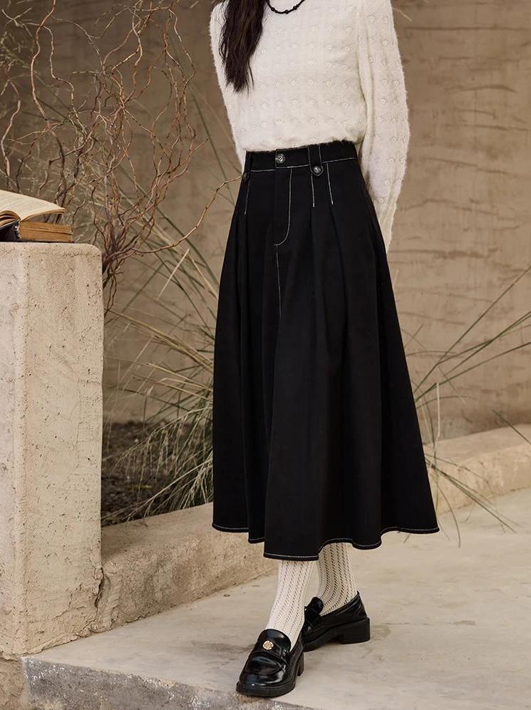 high waist pleated denim skirt, view 3 - MRSLM