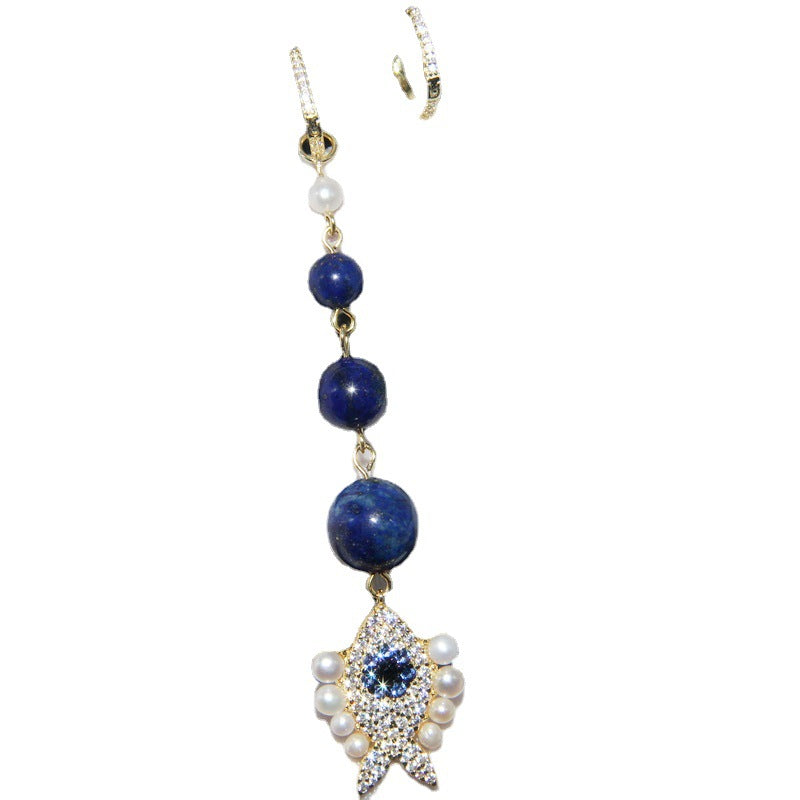 turquoise lapis lazuli fish earrings, view 4 - MRSLM