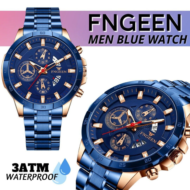 men's blue dial stainless steel quartz watch, view 11 - MRSLM