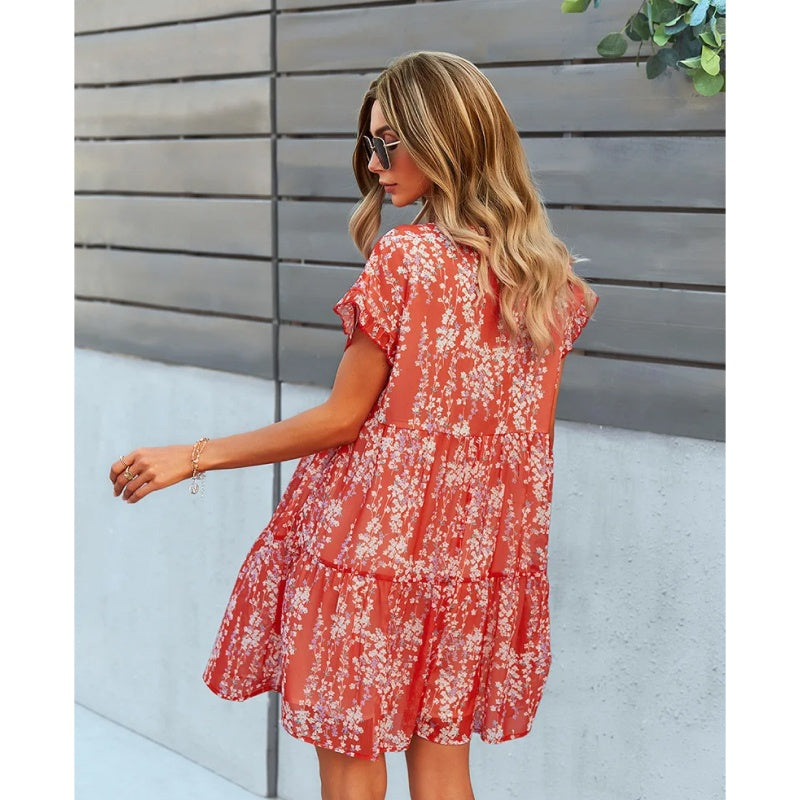 V-neck ruffled A-line dress, view 30 - MRSLM