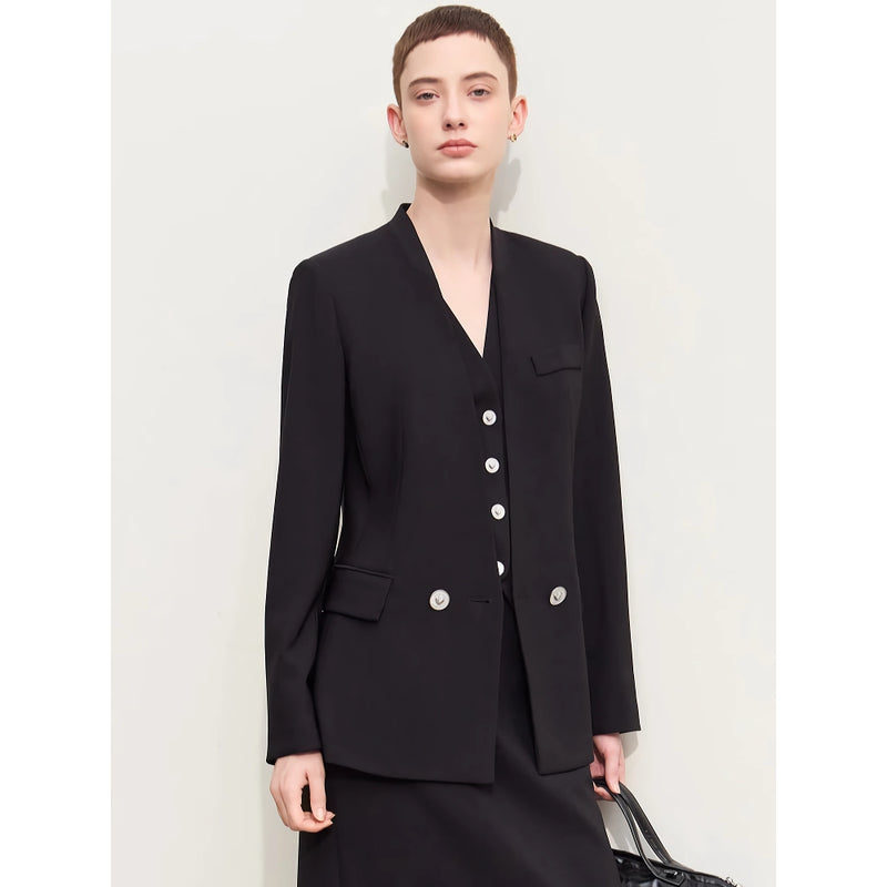 women's v-neck blazer with heart buckle, view 3 - MRSLM