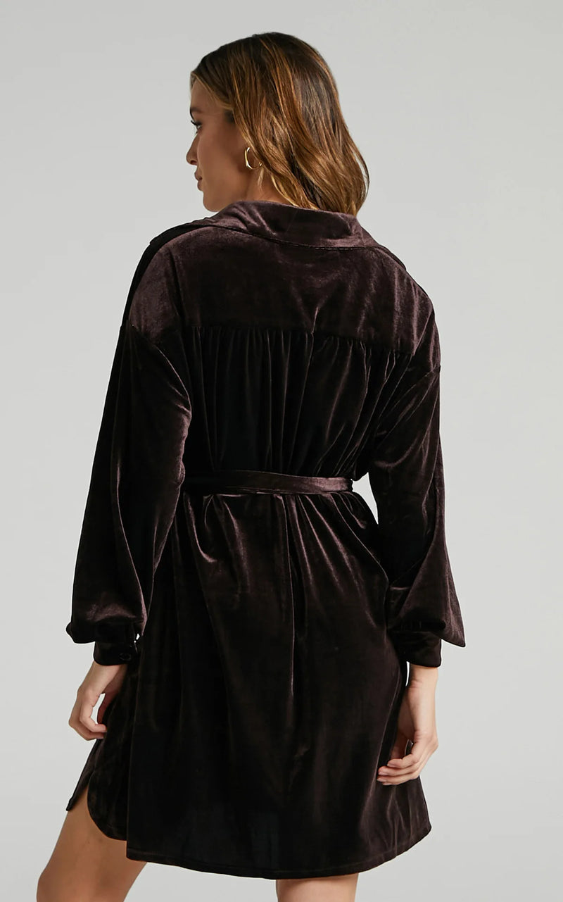women's velvet long sleeve mini dress, view 7 - MRSLM