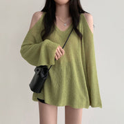 women's off shoulder v-neck thin knit top, view 4 - MRSLM