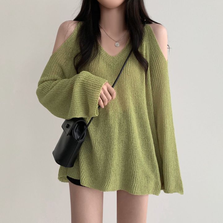 women's off shoulder v-neck thin knit top, view 4 - MRSLM