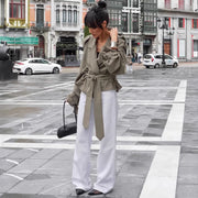 women's olive lapel lace-up trench coat, view 4 - MRSLM