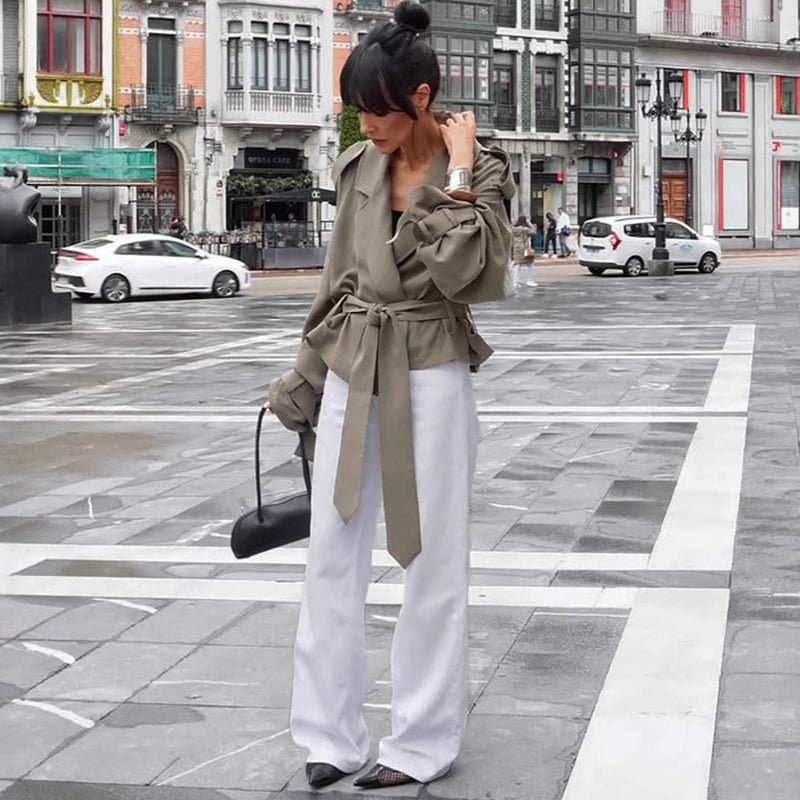 women's olive lapel lace-up trench coat, view 4 - MRSLM
