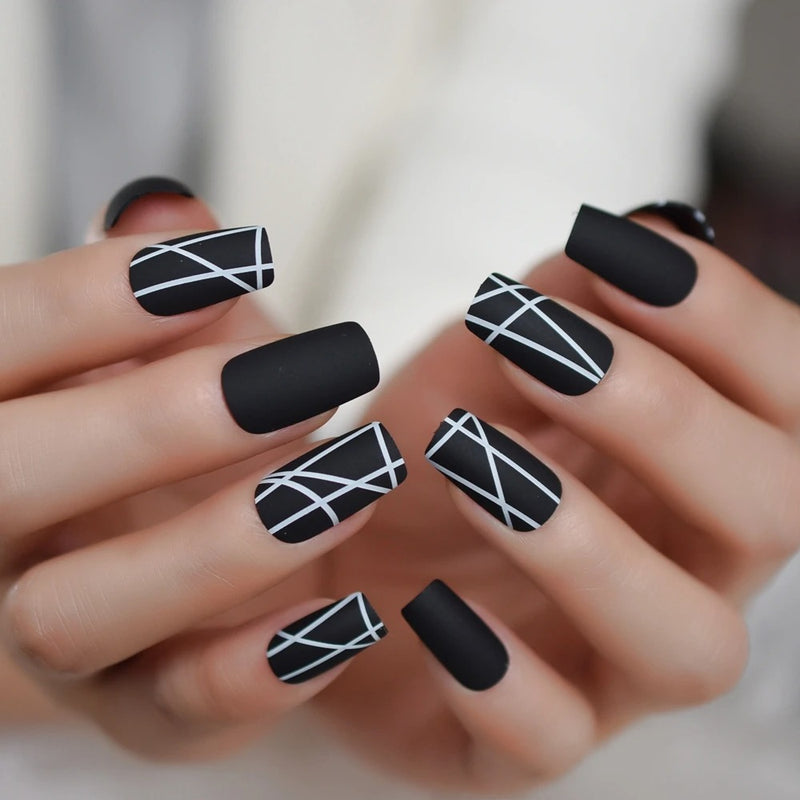 matt black medium square fake nails - MRSLM