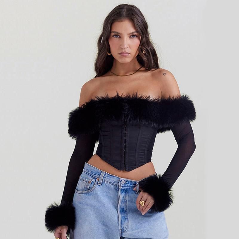 Elegant Feather Strapless Backless Sheer Long Sleeve Sexy T-Shirt