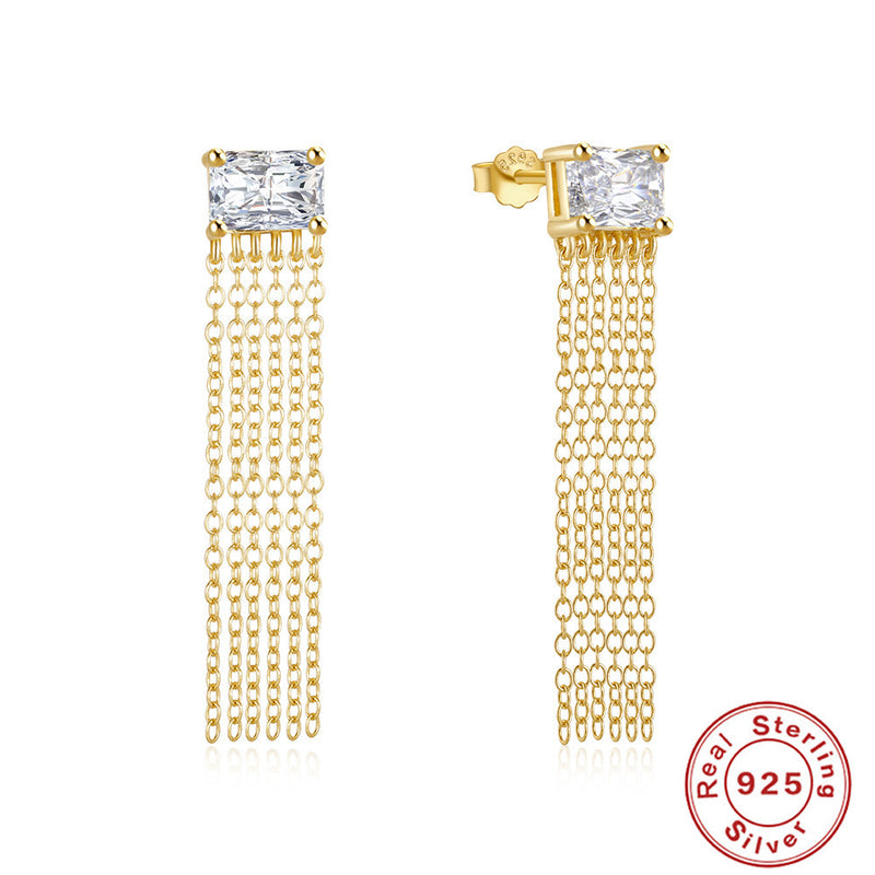 s925 silver square zircon chain tassel earrings, view 2 - MRSLM