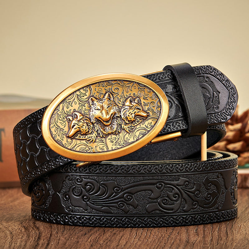 men's 3.5CM retro leather belt wolf buckle, view 5 - MRSLM