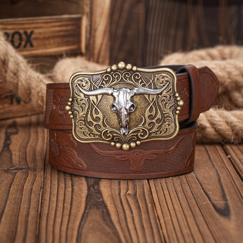 western cowboy pu leather belt with bull decoration, view 3 - MRSLM