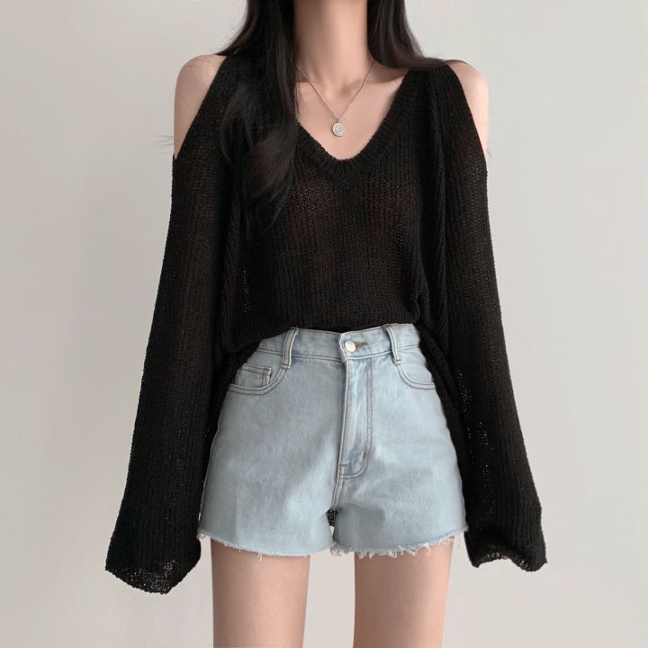 women's off shoulder v-neck thin knit top, view 3 - MRSLM