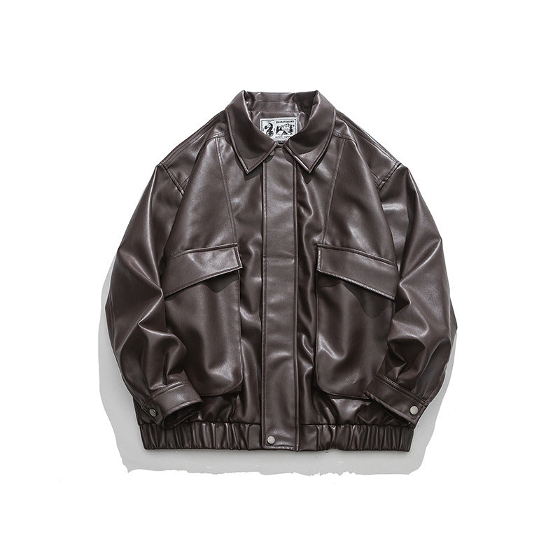 retro lapel pu leather jacket men, view 5 - MRSLM