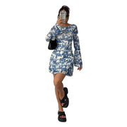printed flare sleeve backless mesh dress, view 5 - MRSLM