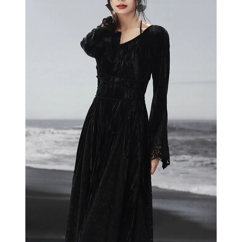 dark velvet lace splice dress, view 5 - MRSLM