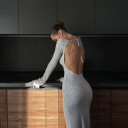 knitted backless lace-up slim-fit dress, view 3 - MRSLM