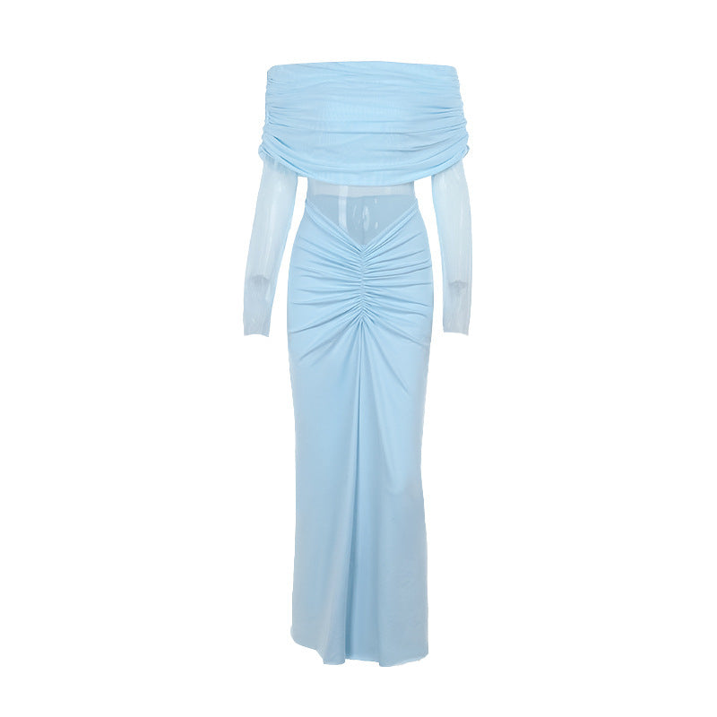 Off-shoulder mesh pleated dress, view 5 - MRSLM