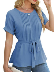 Women's ruffled pleated round neck top, view 7 - MRSLM
