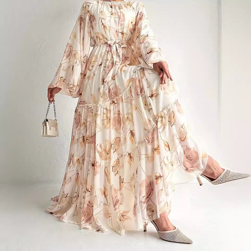 chiffon flower print long dress, view 2 - MRSLM