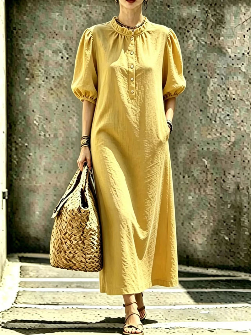 Women's puff sleeve stand collar straight dress, view 9 - MRSLM