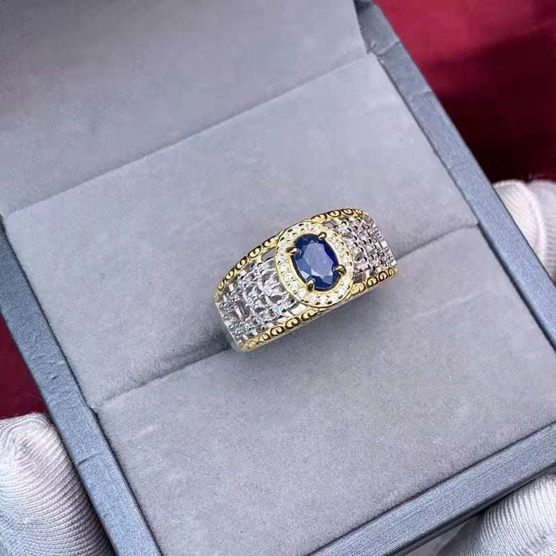 men's natural sapphire silver ring, view 3 - MRSLM