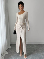 women's knit long dress with irregular neckline, view 10 - MRSLM