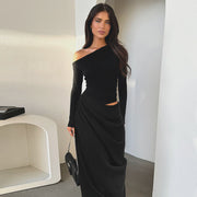 slim-fit slant shoulder hollow-out pleated dress women, view 3 - MRSLM