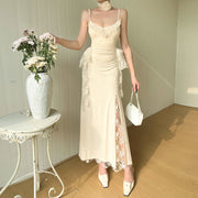 Strap lace patchwork slit dress - MRSLM