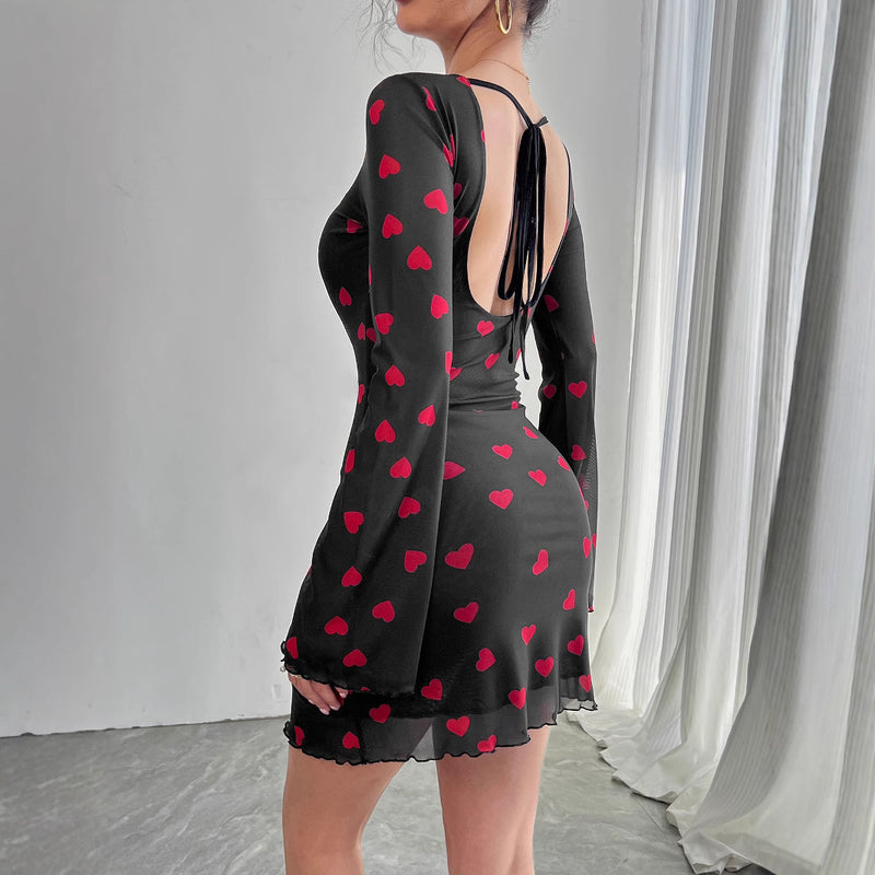 heart print flare sleeve backless mesh dress, view 2 - MRSLM