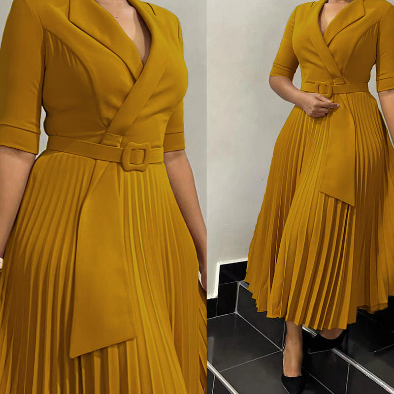 Women's tailored collar pleated waist dress, view 9 - MRSLM