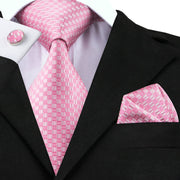 pink and white plaid silk tie set for men, view 2 - MRSLM