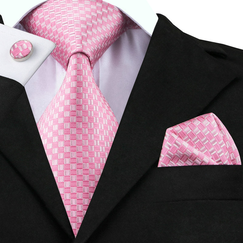 pink and white plaid silk tie set for men, view 2 - MRSLM