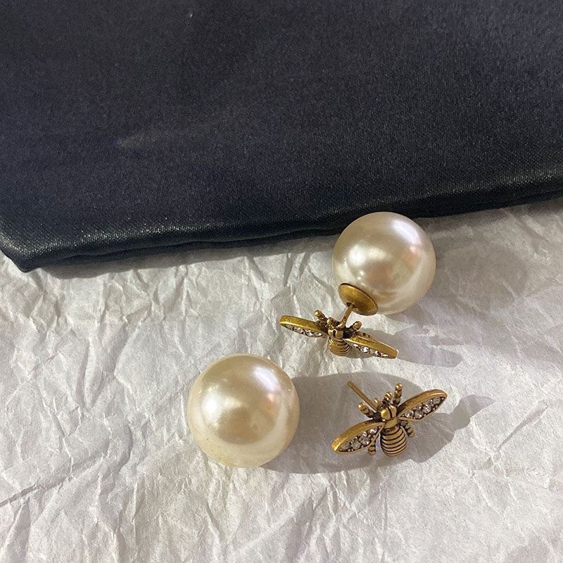 women's vintage pearl bee earrings, view 4 - MRSLM