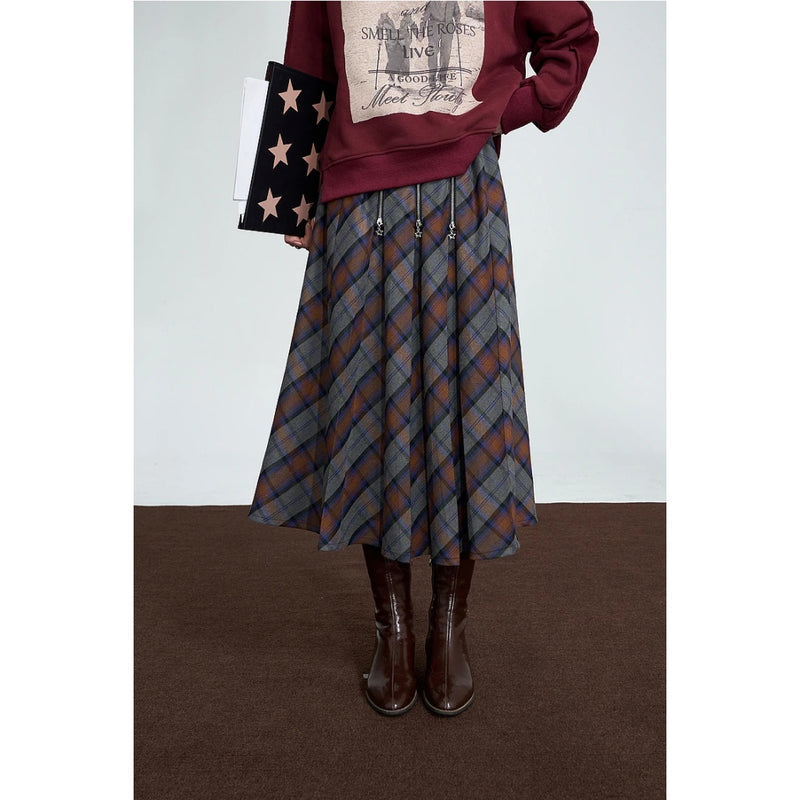 Checkered Pleated Mid-Calf Skirt for Women