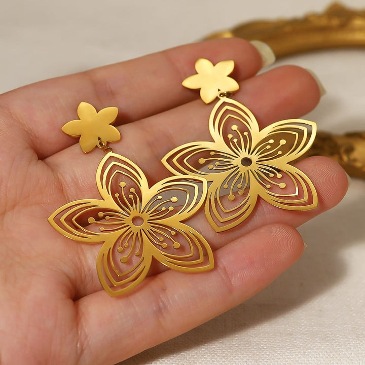 Gold Plated Stainless Steel Flower Drop Earrings