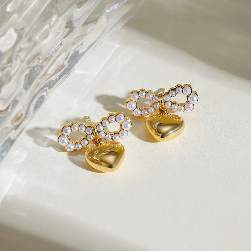 pearl bowknot heart pendant earrings, view 4 - MRSLM