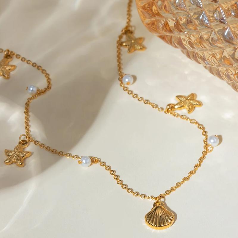18k gold plated starfish shell necklace, view 6 - MRSLM
