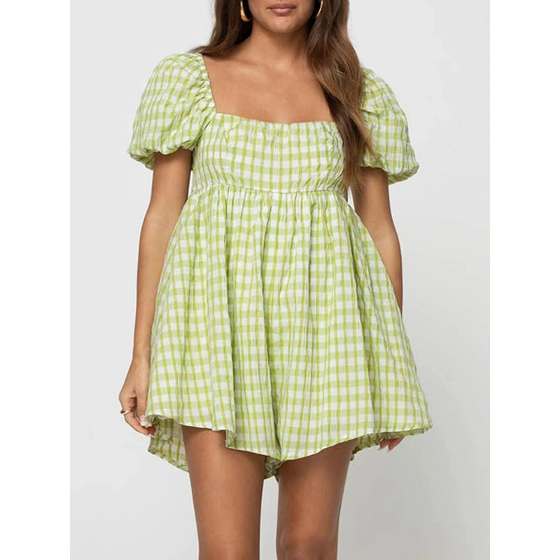 plaid puff sleeve jumpsuit dress, view 6 - MRSLM
