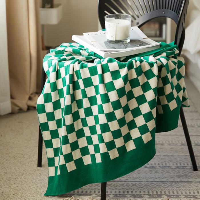 checkerboard plaid cotton knitted blanket, view 9 - MRSLM