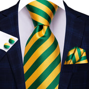 yellow and green striped silk necktie set for men - MRSLM