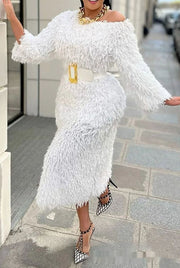 long sleeve narrow dress with tassel belt, view 3 - MRSLM