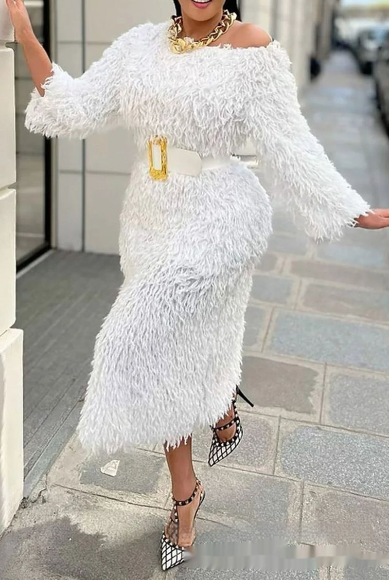 long sleeve narrow dress with tassel belt, view 3 - MRSLM