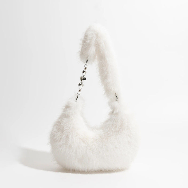 fuzzy faux fur half moon shoulder bag, view 5 - MRSLM