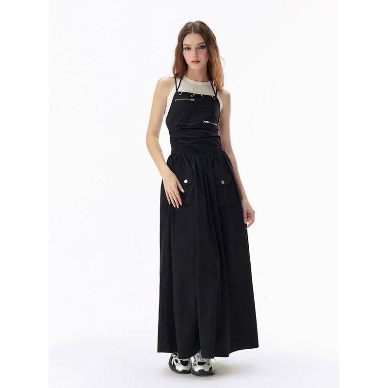 black backless bandage maxi dress with pockets, view 4 - MRSLM
