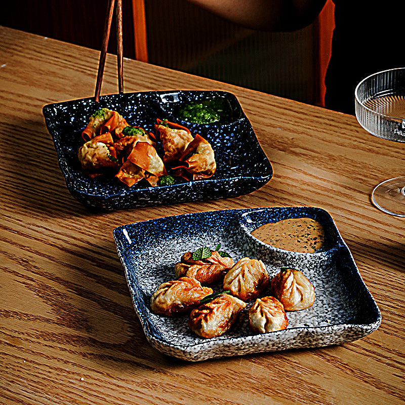 ceramic dumpling plate with sauce compartment, view 3 - MRSLM