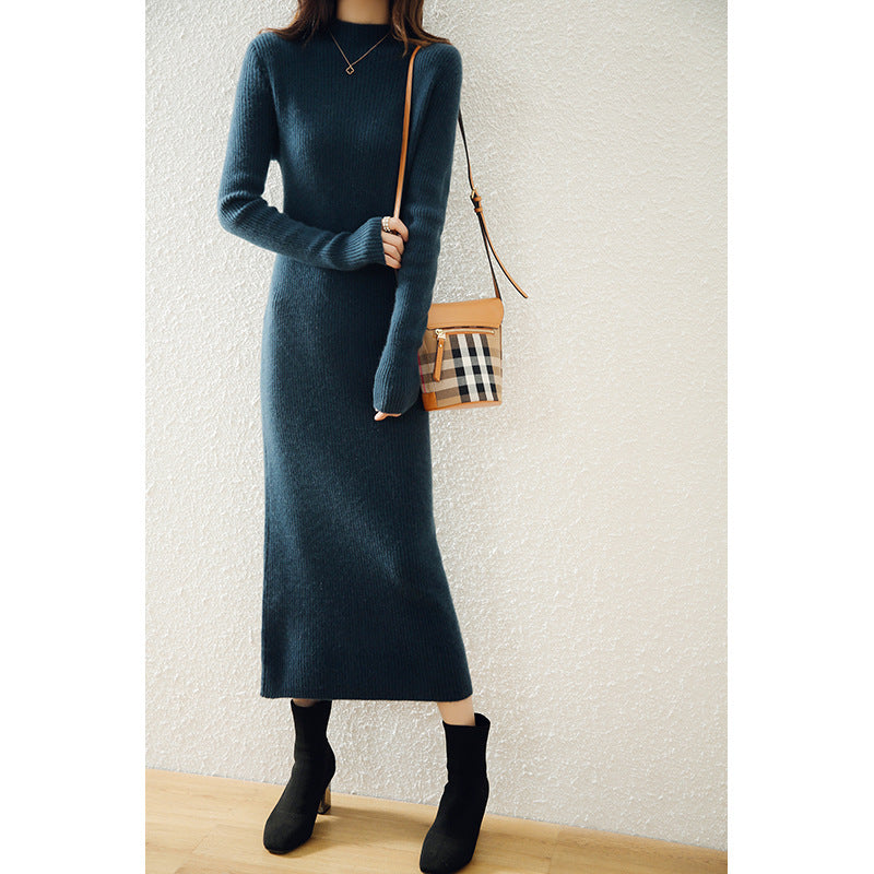 Women's slim-fit long knitted wool dress, view 2 - MRSLM