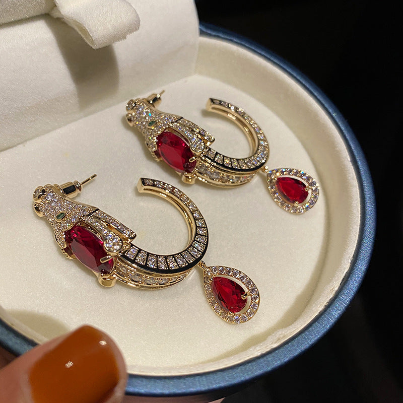 dragon ruby-red gold plated earrings, view 4 - MRSLM