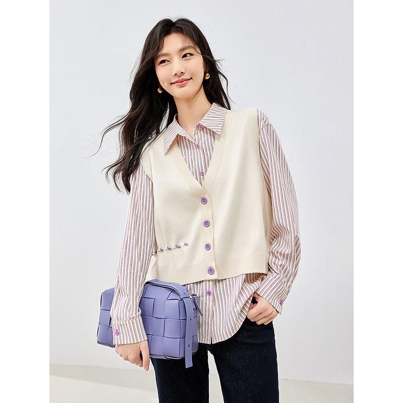 striped polo neck blouse and knitted vest set, view 2 - MRSLM