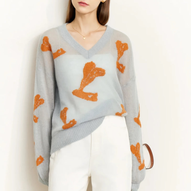 women's v-neck jacquard loose sweater, view 2 - MRSLM