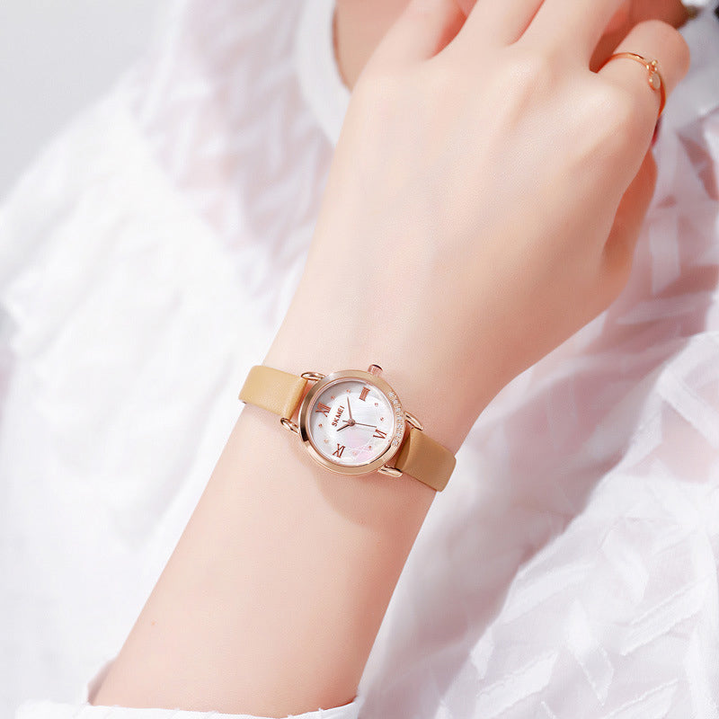 small round leather strap ladies quartz watch, view 7 - MRSLM